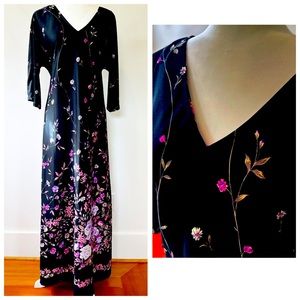 Vintage 60s 70s Floral Dress Womens Sz Large Black Long Casual Party Long Maxi